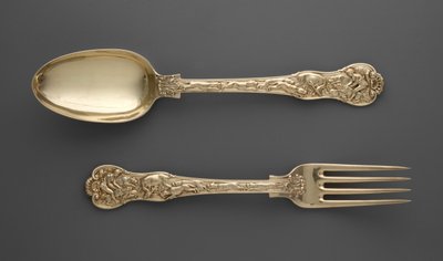 Dessertgabel mit Jagdszenen und Dessertlöffel mit Jagdszenen, ca. 1822 von Paul Storr