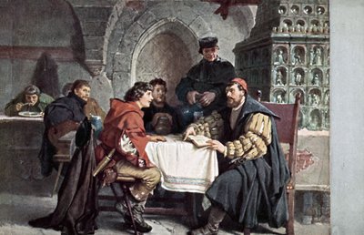 Martin Luther im Gespräch mit Studenten im Gasthof der Bären, Jena, Deutschland, März 1522 von Friedrich Paul Thumann
