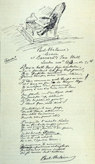 Gedichtzeichen des französischen Dichters Paul Verlaine (1844-1896) mit Skizze des Vertreters während einer Lesung. 21.11.1893 von Paul Verlaine