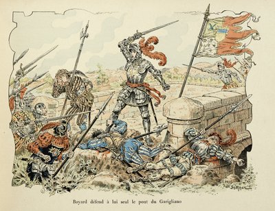 Illustration aus dem Buch „Histoire du chevalier Bayard“ von Theodore Cahu, illustriert von Paul De Semant (1855-1915): Bayard verteidigt allein die Brücke von Garigliano 1504 von Paul de Semant