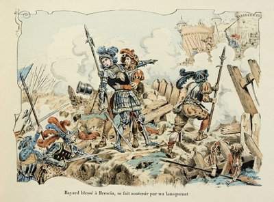 Illustration aus dem Buch „Histoire du chevalier Bayard“ von Theodore Cahu, illustriert von Paul De Semant (1855-1915): Bayard verwundet einen Brescia, unterstützt von einem Landsknecht 1512 von Paul de Semant