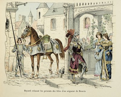 Illustration aus dem Buch „Histoire du chevalier Bayard“ von Theodore Cahu, illustriert von Paul De Semant (1855-1915): Bayard lehnt die Geschenke der Töchter eines Herrn von Brescia 1512 ab von Paul de Semant