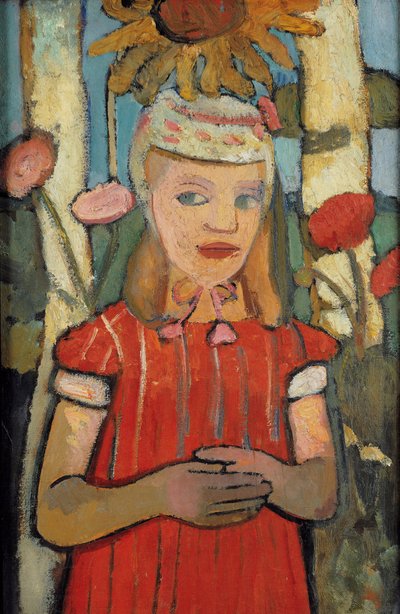 Mädchen im roten Kleid vor Sonnenblume, 1907 von Paula Modersohn Becker