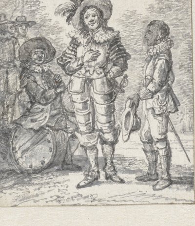 Entwurf für Illustration Theatergruppe: zwei stehende Figuren und eine sitzende Figur von Paulus Constantijn la Fargue