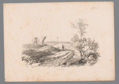 Landschaft mit Figur mit Spazierstock auf einem Landweg von Paulus Lauters
