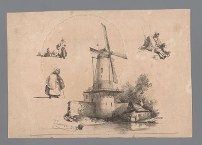 Mühle am Wasser mit drei Figurenstudien von Paulus Lauters