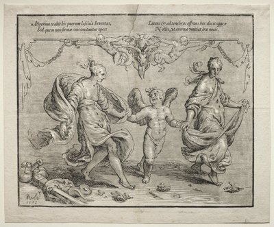 Amor tanzt mit zwei allegorischen Frauen von Paulus Moreelse