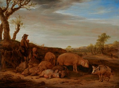 Landschaft mit einer Schweineherde, der Schweinehirt im Gespräch mit einem anderen Mann von Paulus Potter