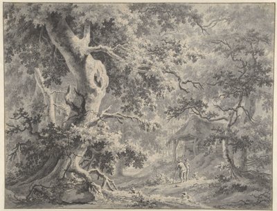 Waldlandschaft mit zwei Figuren bei einer Hütte von Paulus van Liender