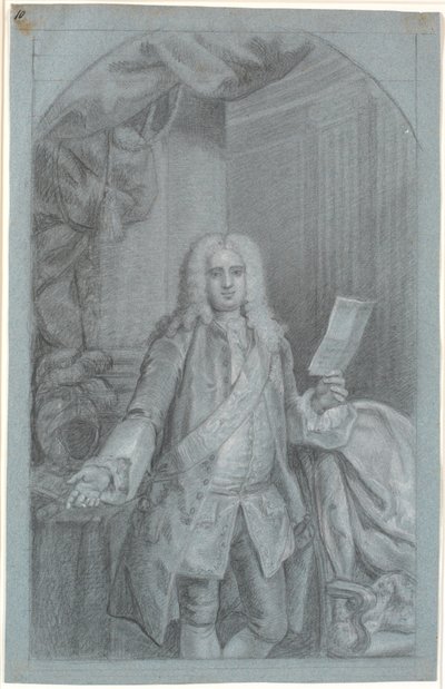 Porträtstudie (Kniestück) eines stehenden Mannes mit rechter Hand auf einem Tisch mit Helm und in der linken Hand ein Dokument. Ordensband mit Elefant und ein Stern links vom Band (Blauer Ritter) von Peder Als