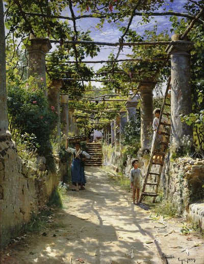 Im Schatten einer italienischen Pergola, ein warmer Nachmittag in Anacapri von Peder Monsted