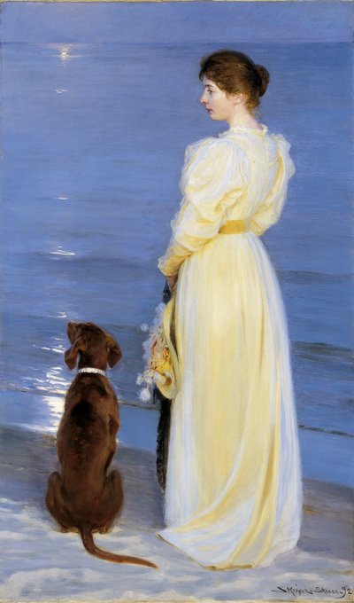 Sommerabend in Skagen. Die Frau des Künstlers mit Hund am Strand von Peder Severin Krøyer
