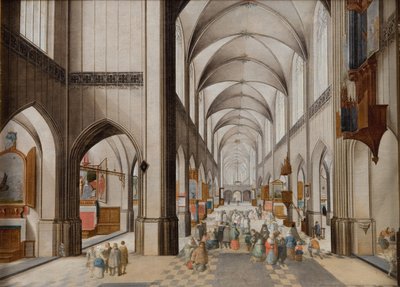 Innenansicht einer dreischiffigen gotischen Kirche während einer Predigt von Peeter Neeffs d.Æ.