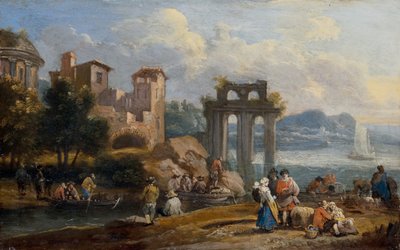 Figuren in einer Landschaft, die sich in der Nähe einer Ruine ausruhen von Peeter or Pieter Bout