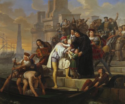 Christoph Kolumbus umarmt seine beiden Söhne und empfiehlt sie Pater Giovanni Perez, bevor er Palos verlässt, um Amerika zu entdecken von Pelagio Palagi