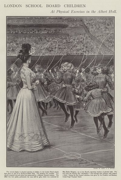 Kinder des Londoner Schulvorstands bei körperlichen Übungen in der Albert Hall (Lithographie) von Percy F.S. (after) Spence