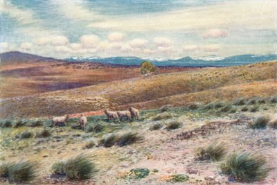 Schneebedeckte Berge in der Nähe des Standorts der Bundeshauptstadt (Farblitho) von Percy F.S. (after) Spence
