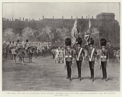 Der König und das 3. Bataillon der Scots Guards, Offiziere mit den neuen Farben marschieren an Seiner Majestät vorbei von Percy F.S. Spence