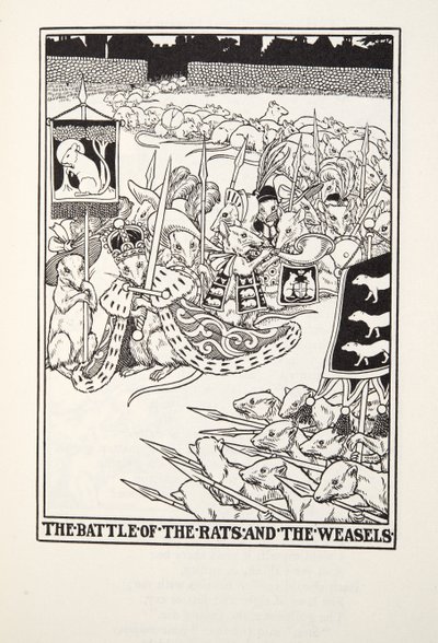 Der Kampf der Ratten und der Wiesel, aus Fontaine Fabeln, veröffentlicht 1905 von Percy J. Billingshurst