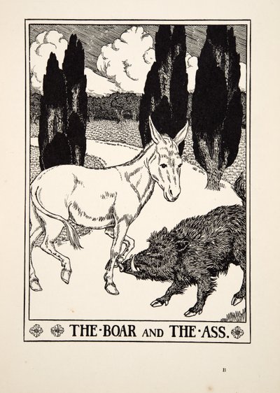 Der Eber und der Esel, aus Hundert Fabeln von Äsop, veröffentlicht 1903 von Percy J. Billingshurst