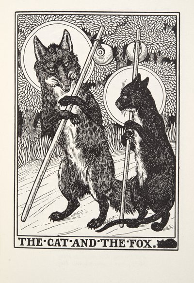Die Katze und der Fuchs, aus Fontaine Fabeln, veröffentlicht 1905 von Percy J. Billingshurst