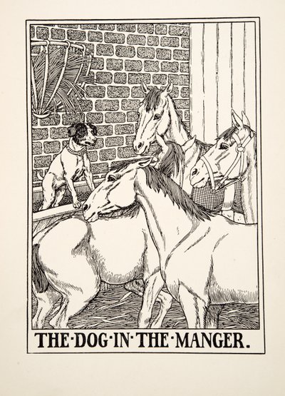 Der Hund im Heu, aus Hundert Fabeln von Äsop, veröffentlicht 1903 von Percy J. Billingshurst