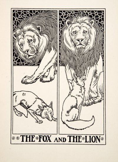 Der Fuchs und der Löwe, aus Hundert Fabeln von Aesop, veröffentlicht 1903 von Percy J. Billingshurst