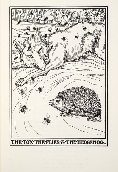 Der Fuchs, die Fliegen und der Igel, aus Fontaine Fabeln, veröffentlicht 1905 von Percy J. Billingshurst
