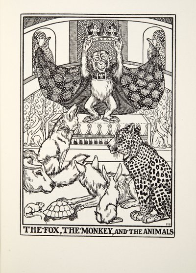 Der Fuchs, der Affe und die Tiere, aus Fontaine Fabeln, veröffentlicht 1905 von Percy J. Billingshurst