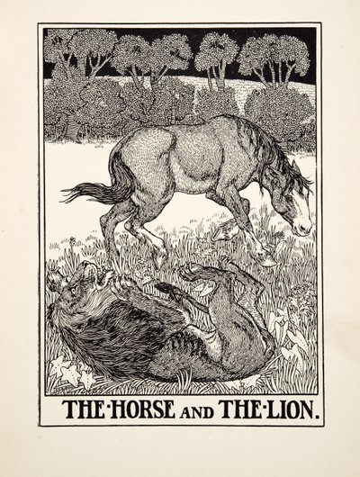 Das Pferd und der Löwe, aus Hundert Fabeln von Äsop, veröffentlicht 1903 von Percy J. Billingshurst