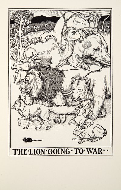 Der Löwe zieht in den Krieg, aus Fontaine Fables, veröffentlicht 1905 von Percy J. Billingshurst