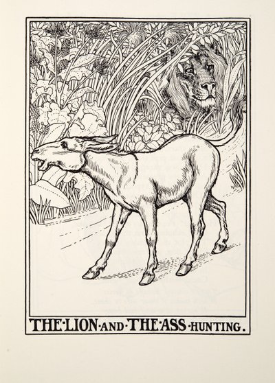 Der Löwe und der Esel auf der Jagd, aus Fontaine Fables, veröffentlicht 1905 von Percy J. Billingshurst