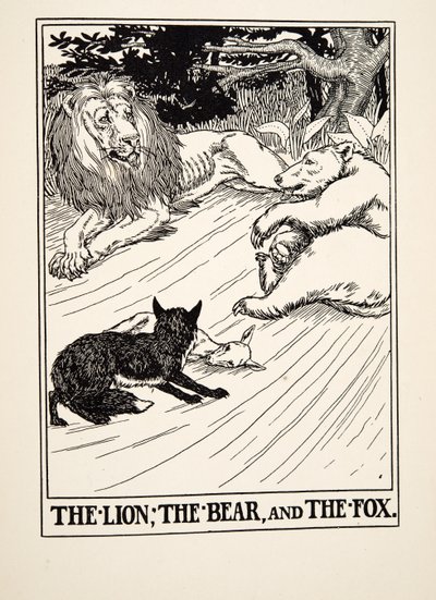 Der Löwe, der Bär und der Fuchs, aus Hundert Fabeln von Äsop, veröffentlicht 1903 von Percy J. Billingshurst