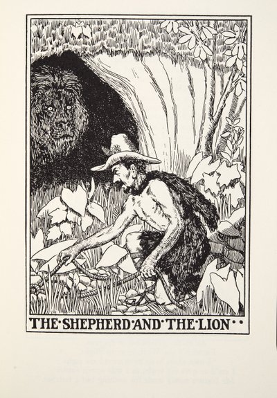 Der Schäfer und der Löwe, aus Fontaine Fabeln, veröffentlicht 1905 von Percy J. Billingshurst