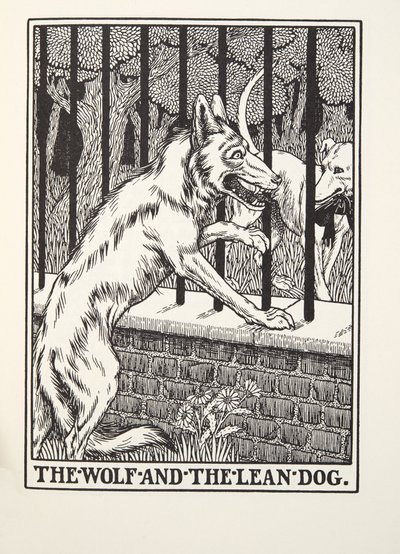 Der Wolf und der magere Hund, aus Fontaine Fabeln, veröffentlicht 1905 von Percy J. Billingshurst