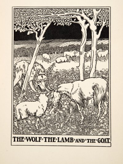 Der Wolf, das Lamm und die Ziege, aus Hundert Fabeln von Äsop, veröffentlicht 1903 (Gravur) von Percy J. Billingshurst