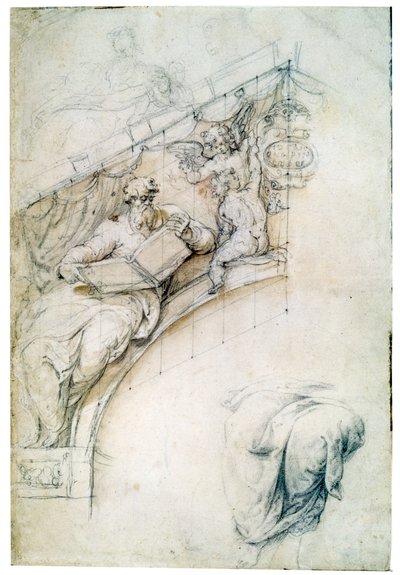 Dekoration einer Wand über einem Eingangsgewölbe mit einem Propheten und zwei Putten, um 1525 von Perino del Vaga