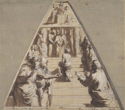 Darstellung der Jungfrau im Tempel unten, Abraham bereit, Isaak oben zu opfern, 1520 von Perino del Vaga