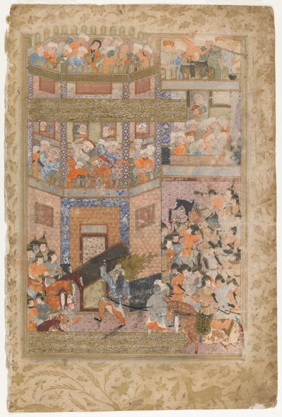 Ali hebt die Tore von Qamus, aus einem Rawzat al-safa, 1571-72 von Persian School