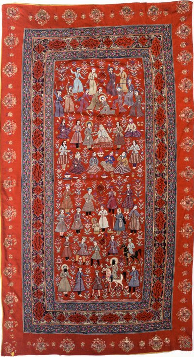 Ein bestickter Wandbehang aus rotem Wollstoff mit Reihen von Figuren, die das Leben von Joseph darstellen von Persian School