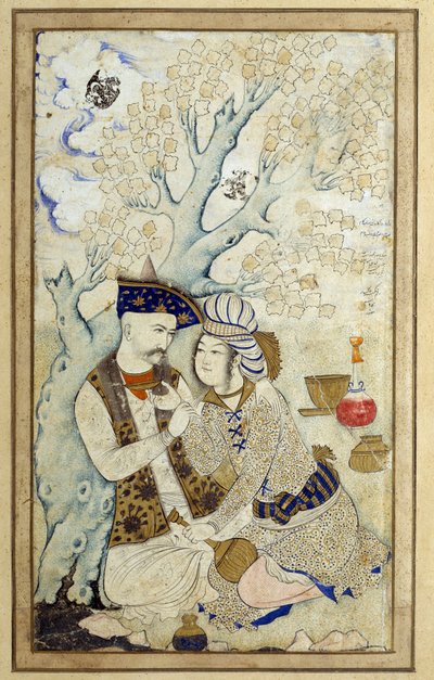 Porträt von Schah Abbas I. umarmt einen seiner Pagen von Persian School
