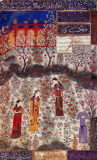 Erstes Treffen von Prinz Houmay und Prinzessin Houmayoun von China. Miniatur aus einem Gedicht von Kuradjou Kirmani, realisiert von der Schule von Herat, um 1430. Iran. Kunstgewerbemuseum, Paris von Persian School