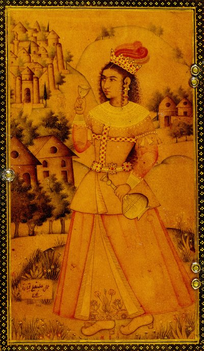 Innenansicht eines Spiegelgehäuses, bemalt mit einer stilisierten europäischen Dame, die einen Weinkelch und eine Flasche hält, 17. Jahrhundert von Persian School