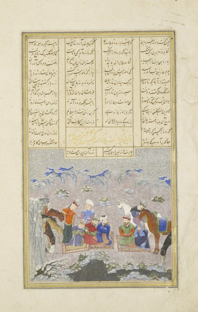 Die Paladine im Schnee, Illustration aus dem Shahnama (Buch der Könige), von Abul-Qasim Mansur Firdawsi (ca. 934-ca. 1020), 1444 von Persian School