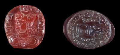 Persische Kunst: Kamee von Kavadh I. (oder Qobad, Kobad, Kabad) (488-496 n. Chr.) König des zweiten Persischen Reiches und Achatstempel der Sassanidenzeit. 5. oder 6. Jahrhundert n. Chr. Paris, B.N. von Persian School