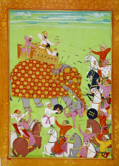 Darstellung von Murad Baksh (1624-1661), Sohn des Mogulkaisers Shah Jehan, kämpfend auf einem Elefanten. Persische Miniatur des 17. Jahrhunderts Paris, B.N. von Persian School