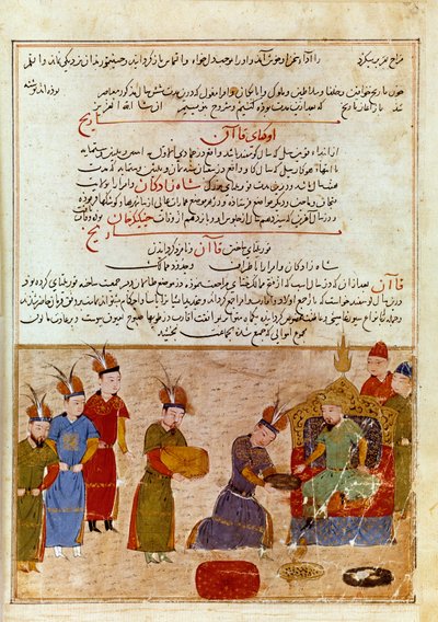 Darstellung von Ogodei Khan (1186-1241), Sohn von Dschingis Khan. Persische Miniatur aus „Jami al-tawarikh“ oder „Universalgeschichte“ von Historiker Rashid al-Din (1247-1318) um 1430. Paris, B.N. von Persian School