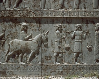 Unterworfene Völker bringen Geschenke zu Darius I. Reliefs der östlichen Treppe der Apadana, 6. Jahrhundert v. Chr. von Persian School