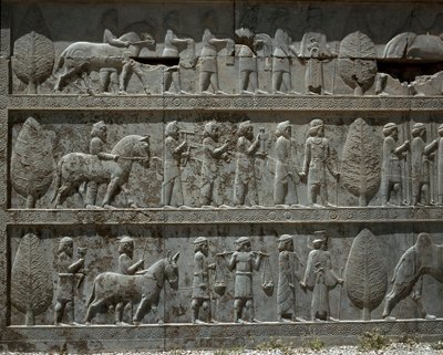 Unterworfene Völker bieten Darius I. Geschenke an von Persian School