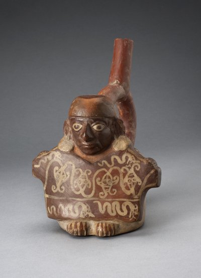 Steigbügel-Ausgussgefäß, das einen Mann zeigt, der einen verzierten Stoff hält, 100 v. Chr.-500 n. Chr. von Peruvian School